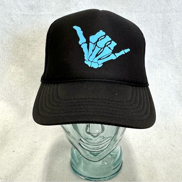 Otto black/blue skeleton hang loose Shaka graphic mesh trucker Snapback hat NWOT main image 7
